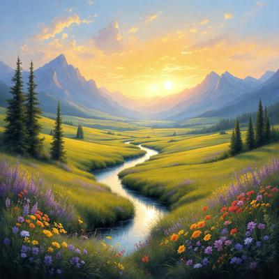The primary subject of the image is a beautiful landscape featuring a river flowing through a valley with mountains in the background. The setting is a lush, green field with a variety of flowers, including purple and yellow ones, adding to the vibrant atmosphere. The visual style of the image is a painting, which showcases the artist's skill in capturing the natural beauty of the scene. The colors and mood of the painting are warm and inviting, creating a sense of tranquility and serenity.